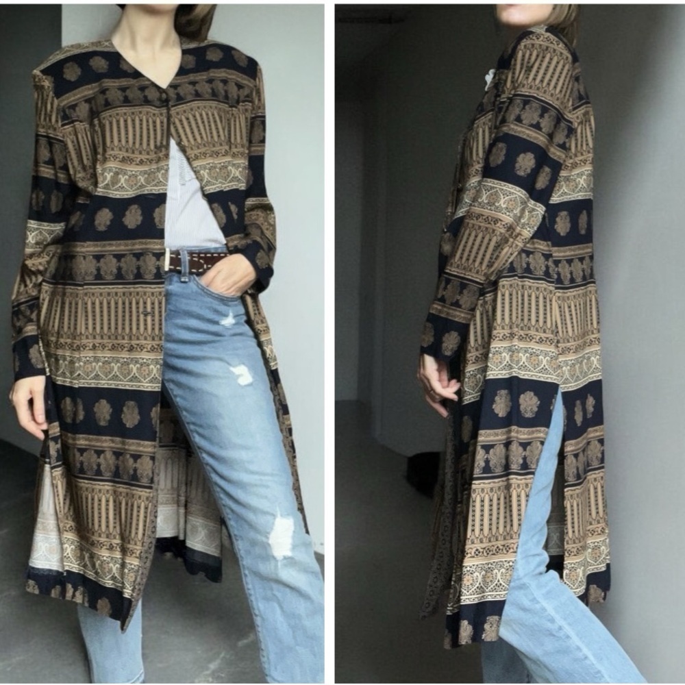Vintage 80s Clues Collection Baroque Print Duster Robe Jacket Navy Tan XL - Picture 14 of 14